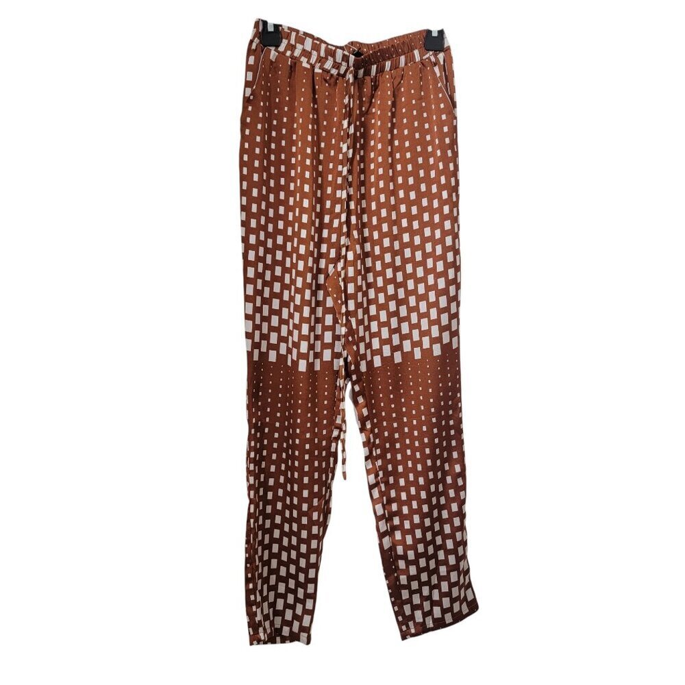 Missguided Size 4 Bronze & White Abstract Pattern Satin Pull On Pants, NEW w/Tag